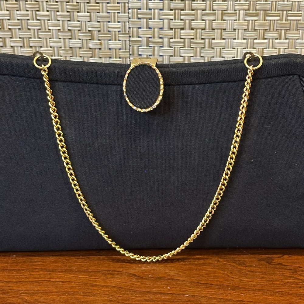 🌟HP🌟VTG 1950s-60s Black Fabric Evening Bag Matching Lift Clasp Gold Tone Chain - Picture 2 of 11